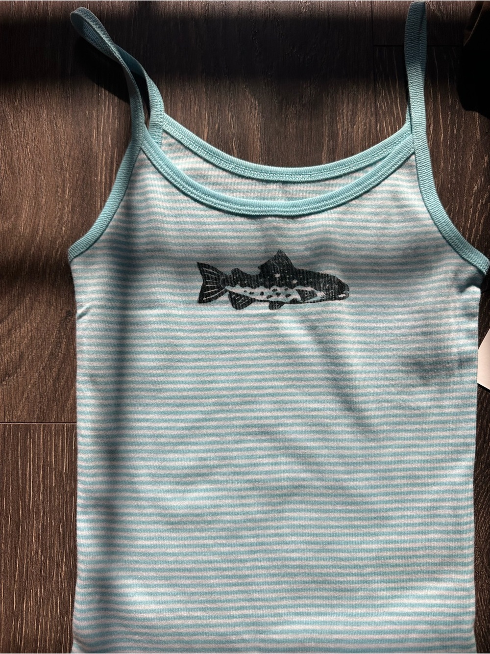 Light Aqua Striped Tank Top with handmade Fish Graphic